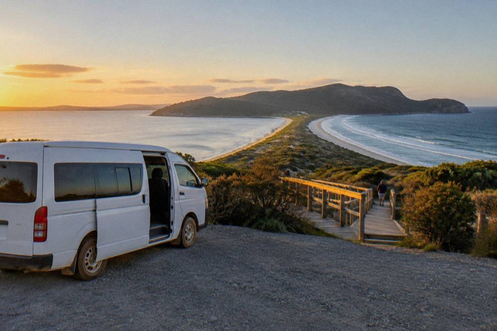 A tour minibus parked at a coastal lookout above a long sandy beach