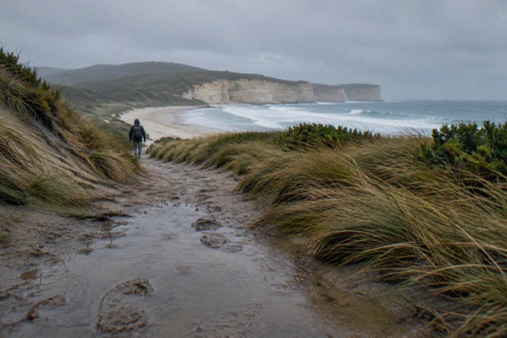 A coastal walking track on South Bruny Island with cliffs and the Southern Ocean beyond