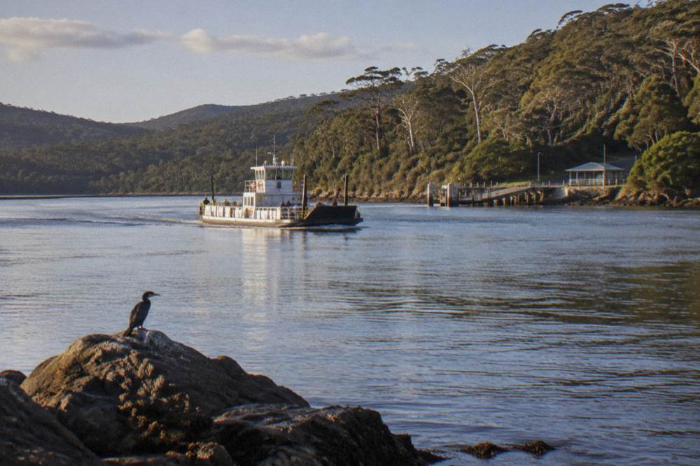 Sheltered channel water between forested hills with a small ferry mid-crossing