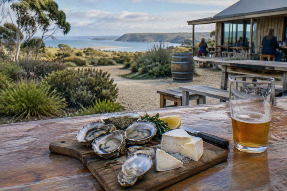 A plate of fresh oysters and local cheese on a wooden tasting board