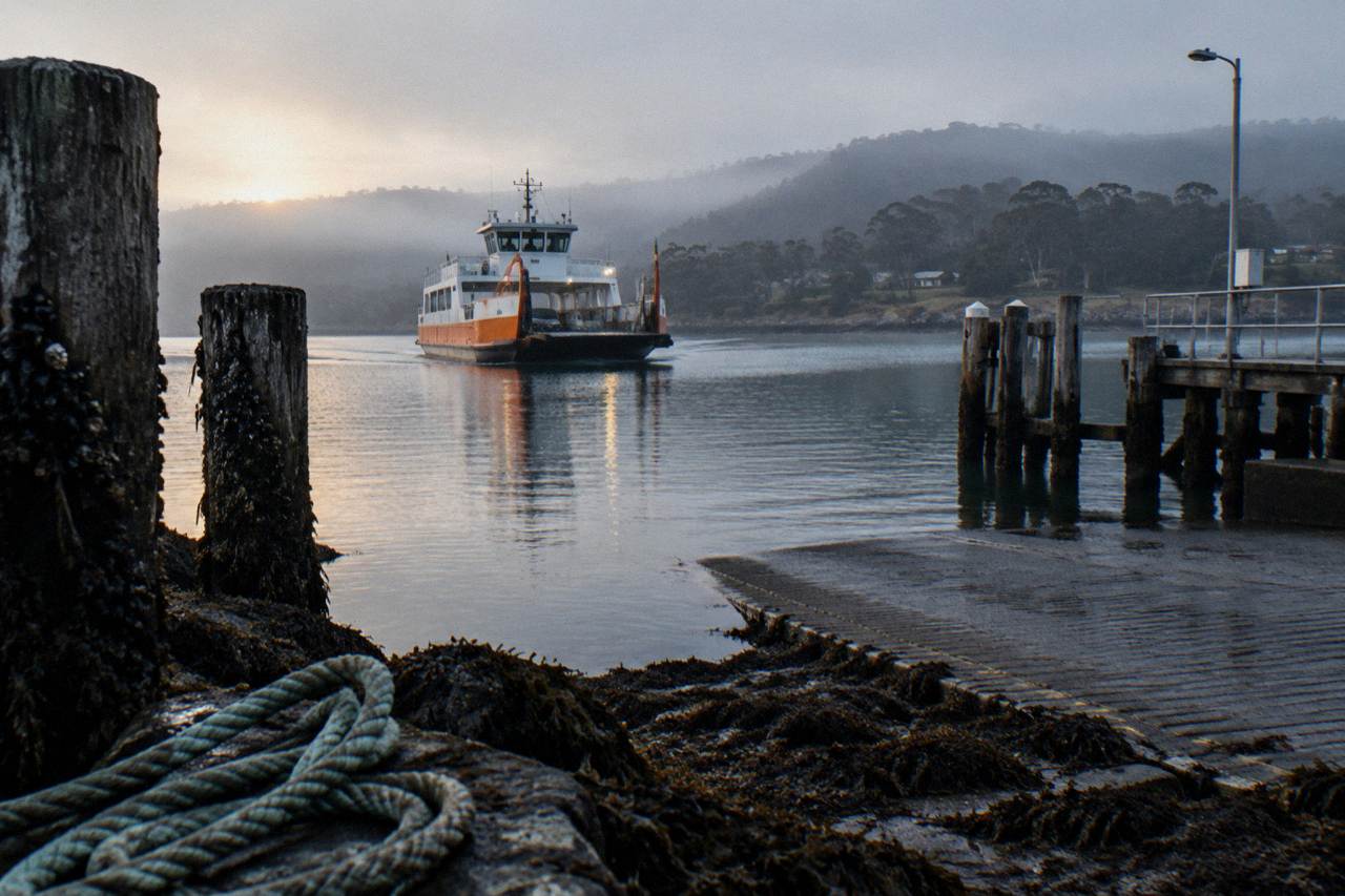 The Bruny Island ferry approaching the Kettering terminal across calm water