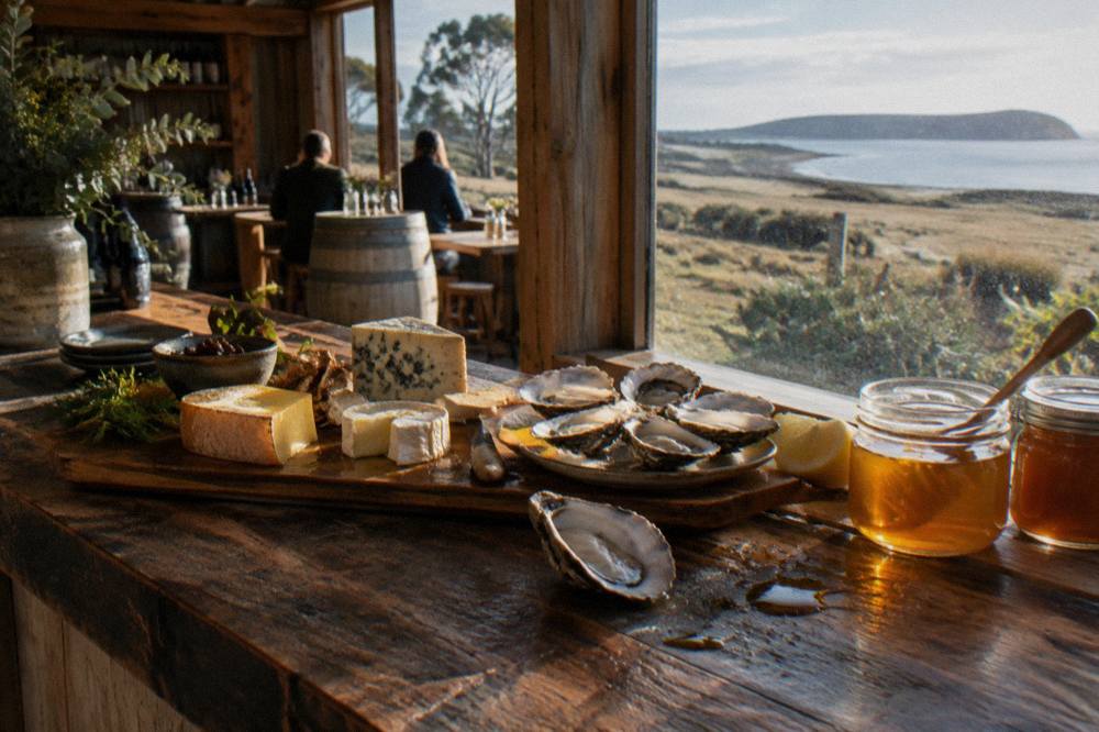 Wooden board of cheese, oysters and honey jars on a cellar door counter