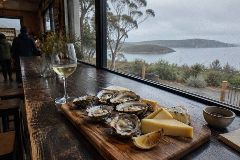 A wooden board of oysters and cheese on a cellar door counter