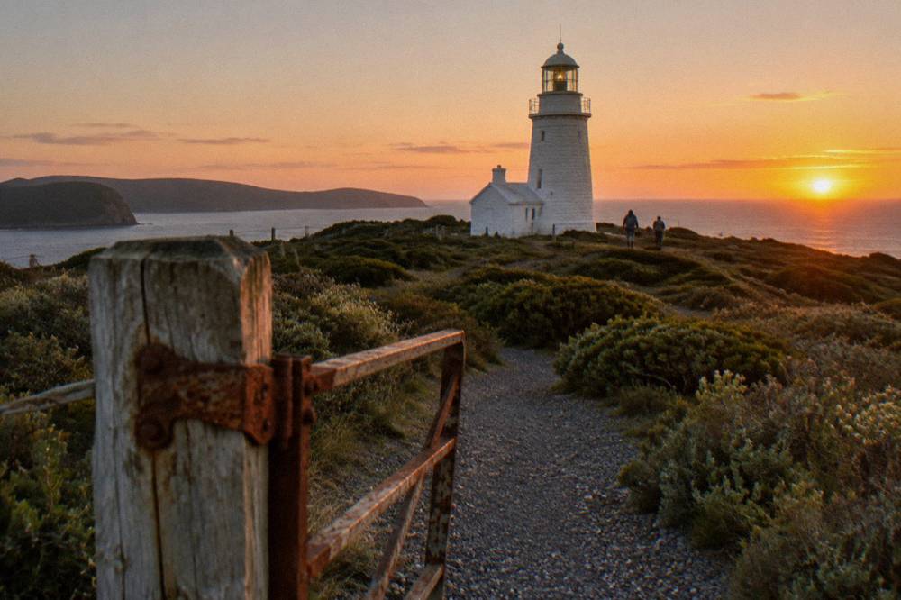 A white stone lighthouse standing above low coastal heath