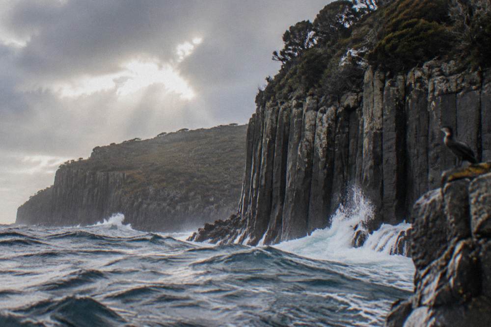 Steep dolerite sea cliffs rising from open ocean along a rugged coastline