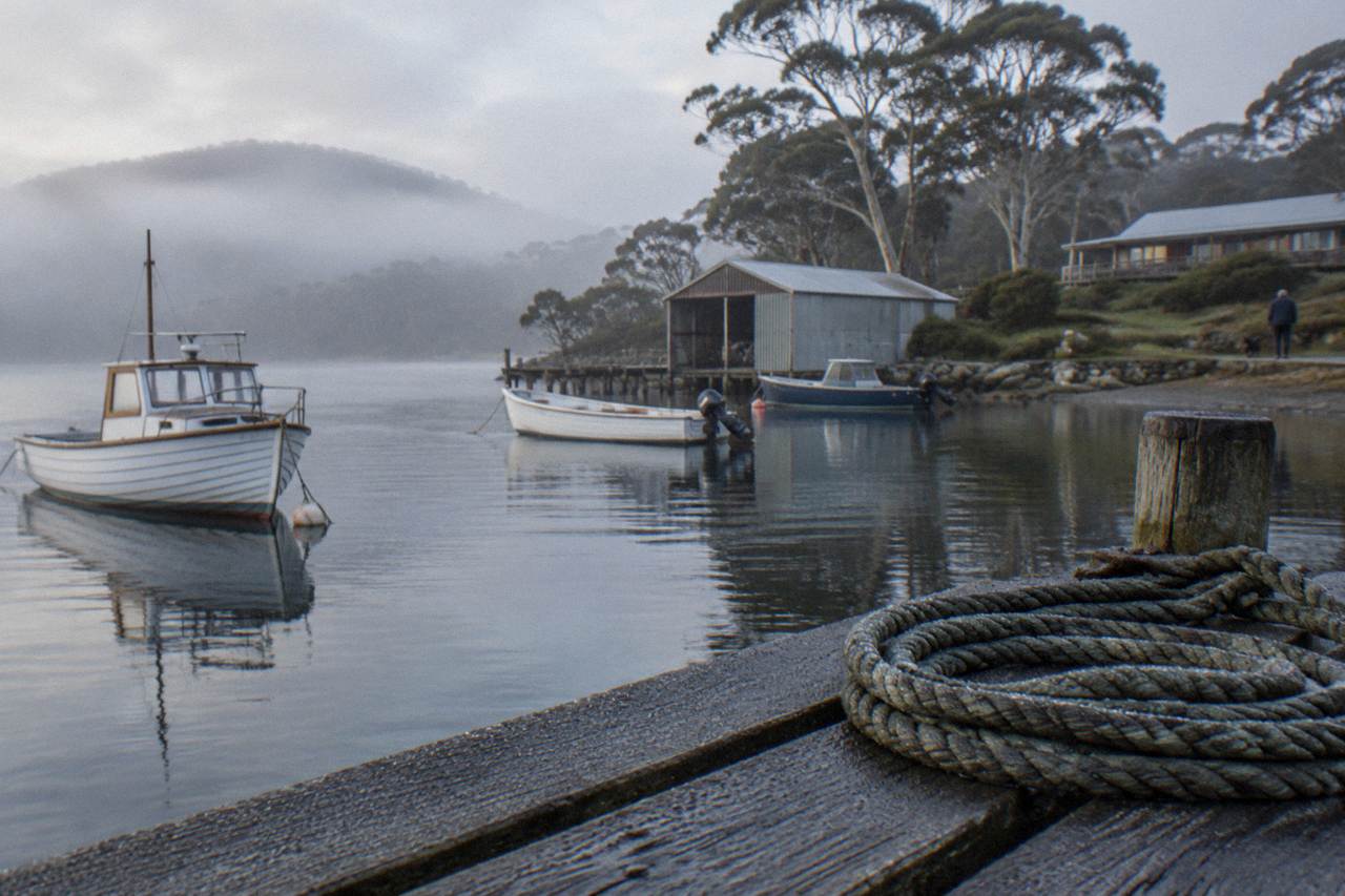 A quiet waterfront view of a Bruny Island bay with a few small boats moored in calm water