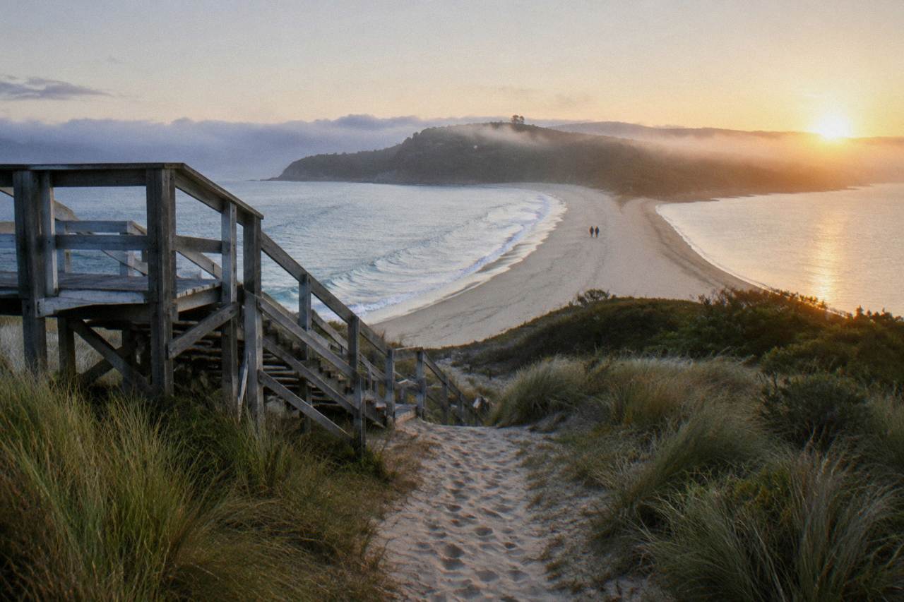 A view over the narrow sandy isthmus connecting north and south Bruny Island, with the timber neck lookout rising above the dunes