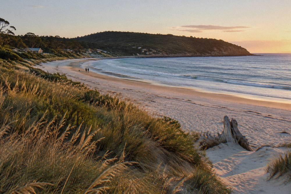 Wide sandy beach curving toward a headland with low green hills