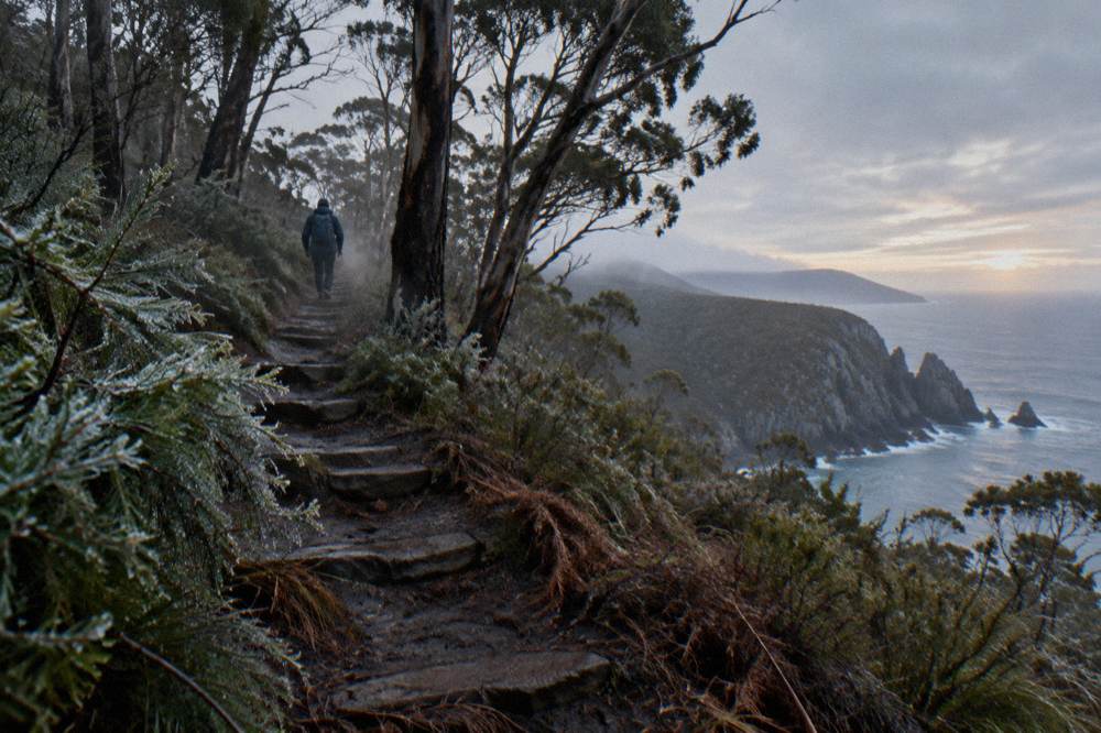 Steep coastal track climbing through bush toward tall dolerite sea cliffs