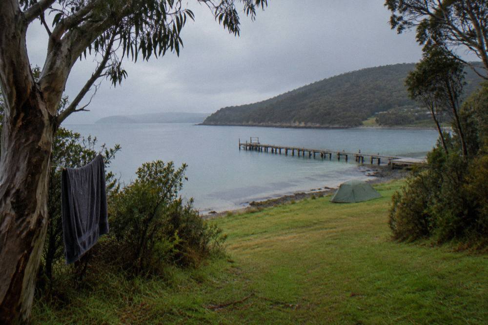 Grassy camping area beside a calm bay with a jetty in the distance