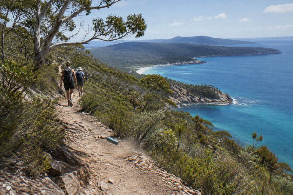 Small group of hikers with daypacks on a coastal track above turquoise water