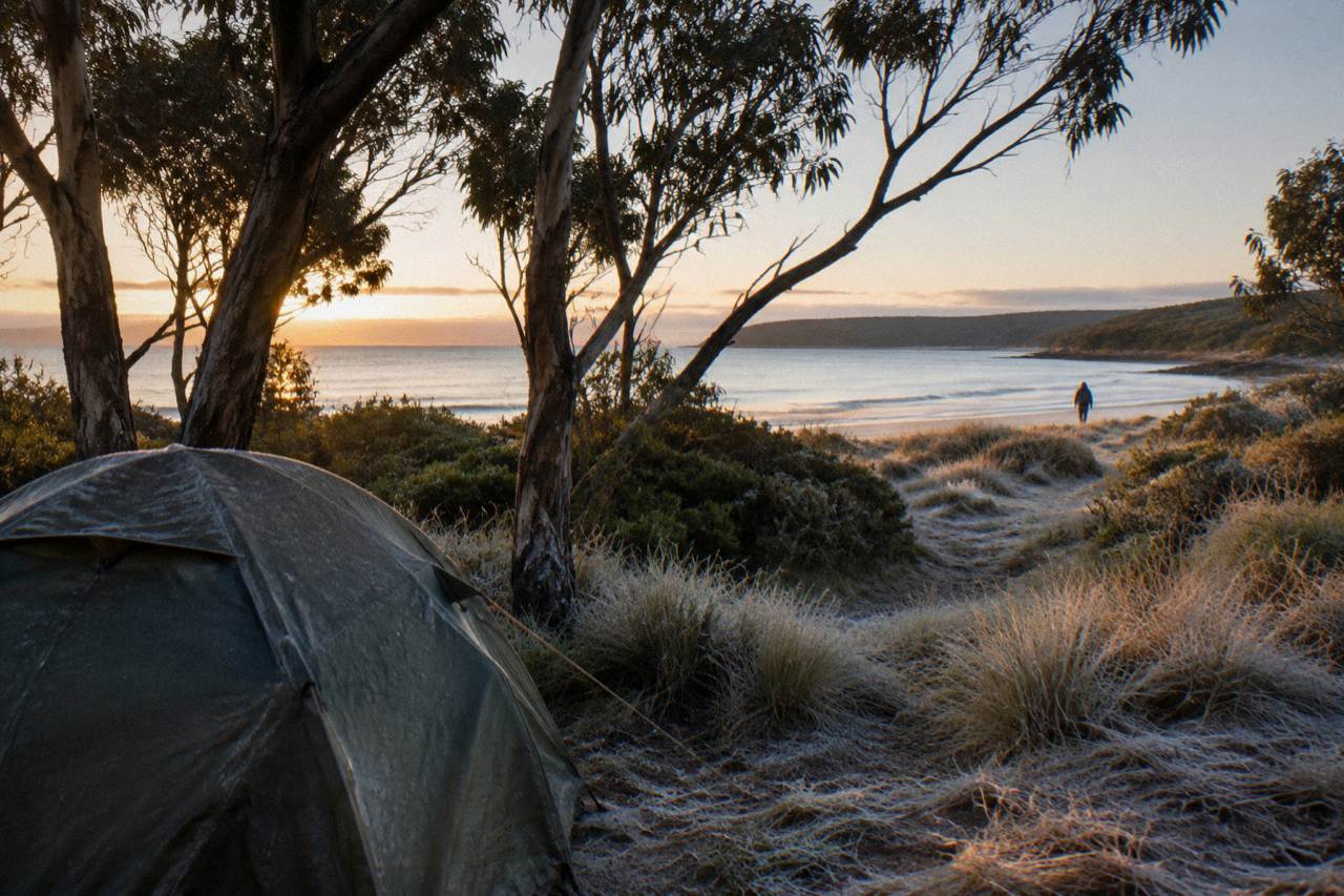 Tent pitched among trees near a beach on Bruny Island at golden hour