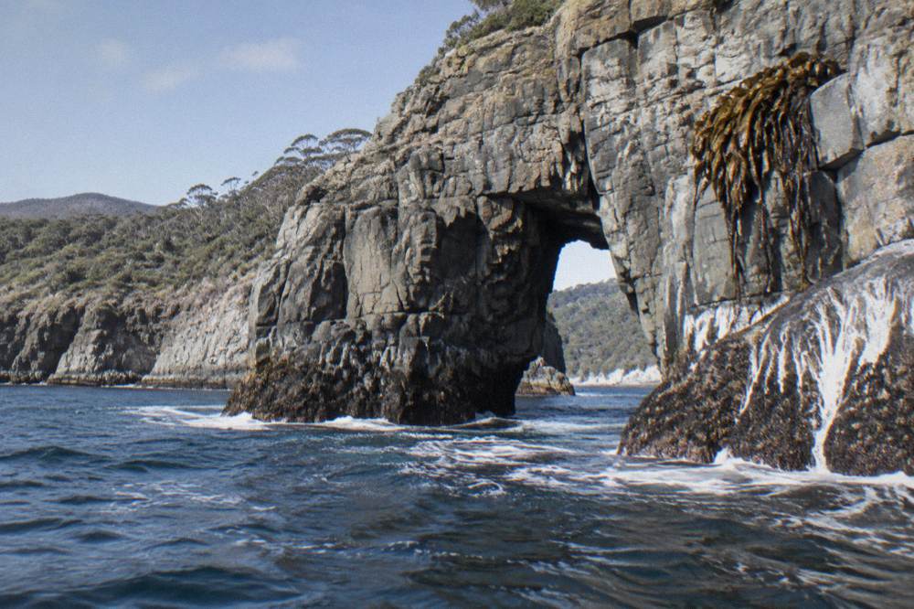 Sea cliffs and rock formations along the South Bruny coast under a partly cloudy sky