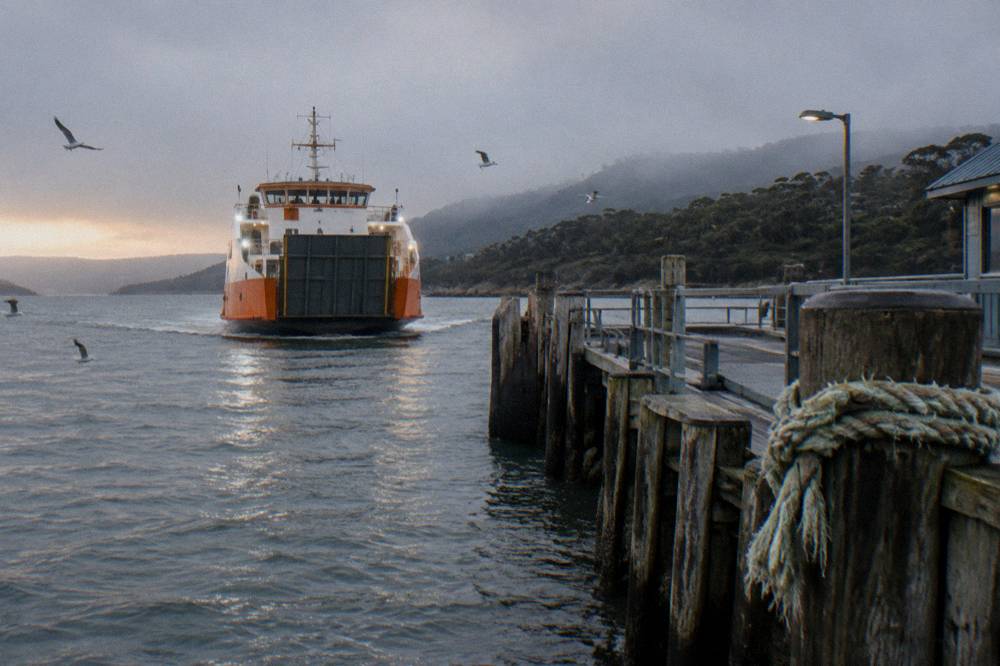 Vehicle ferry approaching a timber jetty terminal at a sheltered harbour