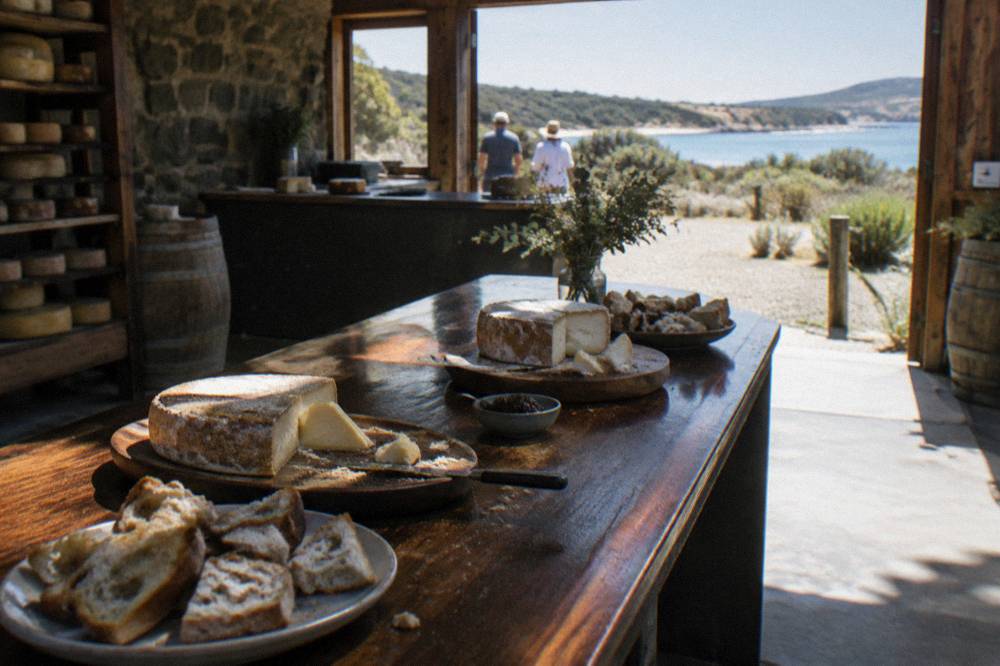 Wooden counter of a cellar door with cheese platters and bread on boards