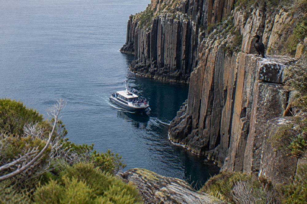 Open cruise boat travelling close to tall dolerite sea cliffs on calm water