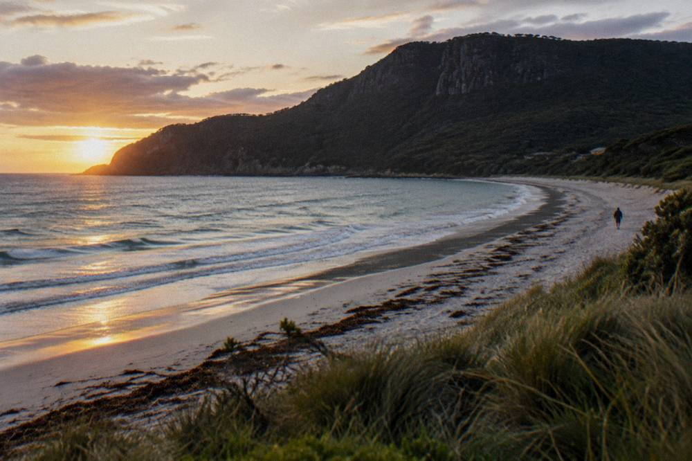 Low sun over a quiet curved bay with a long sandy beach and green headland