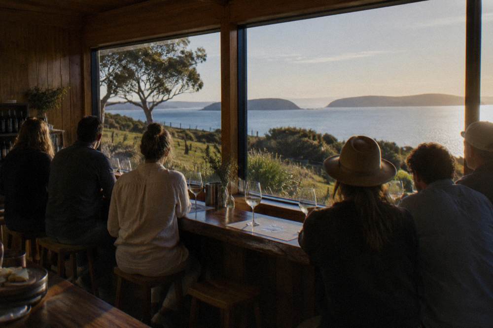 A small group tasting wine at a cellar door bar with water views behind