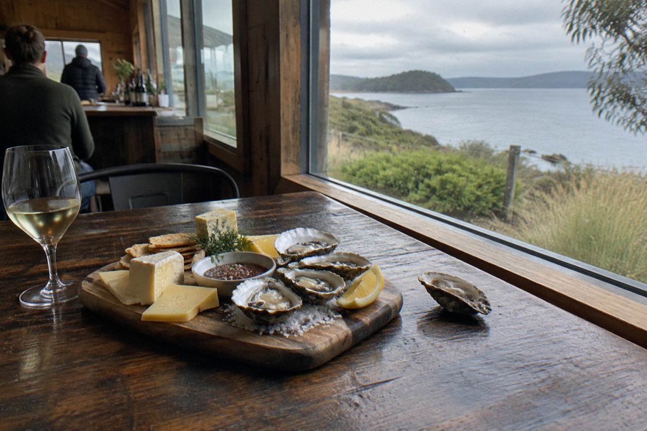 A platter of cheese and oysters on a wooden table beside a window looking over calm water