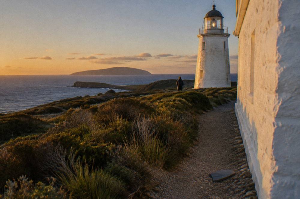 A white stone lighthouse standing on a green headland above a dark blue sea