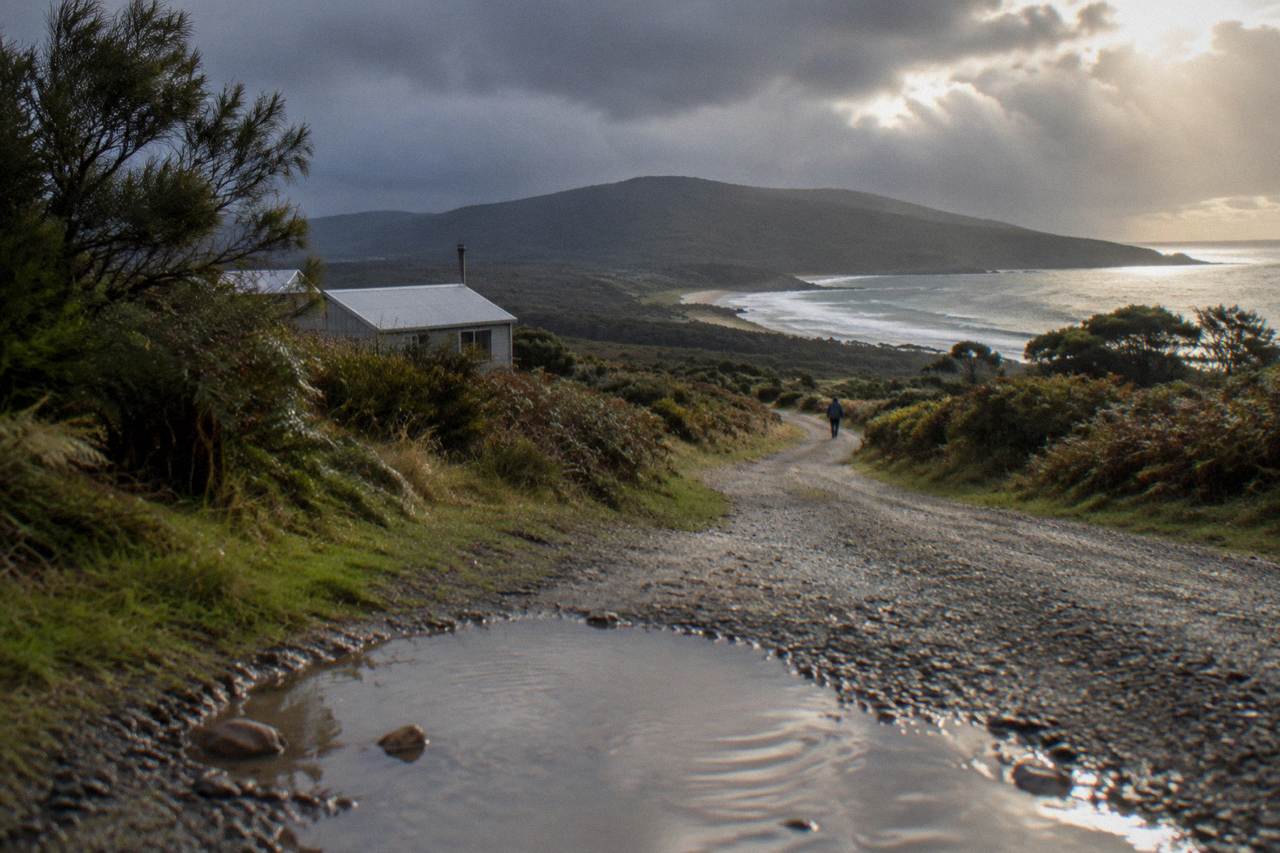 A quiet gravel road winding along the Bruny Island coastline toward green hills