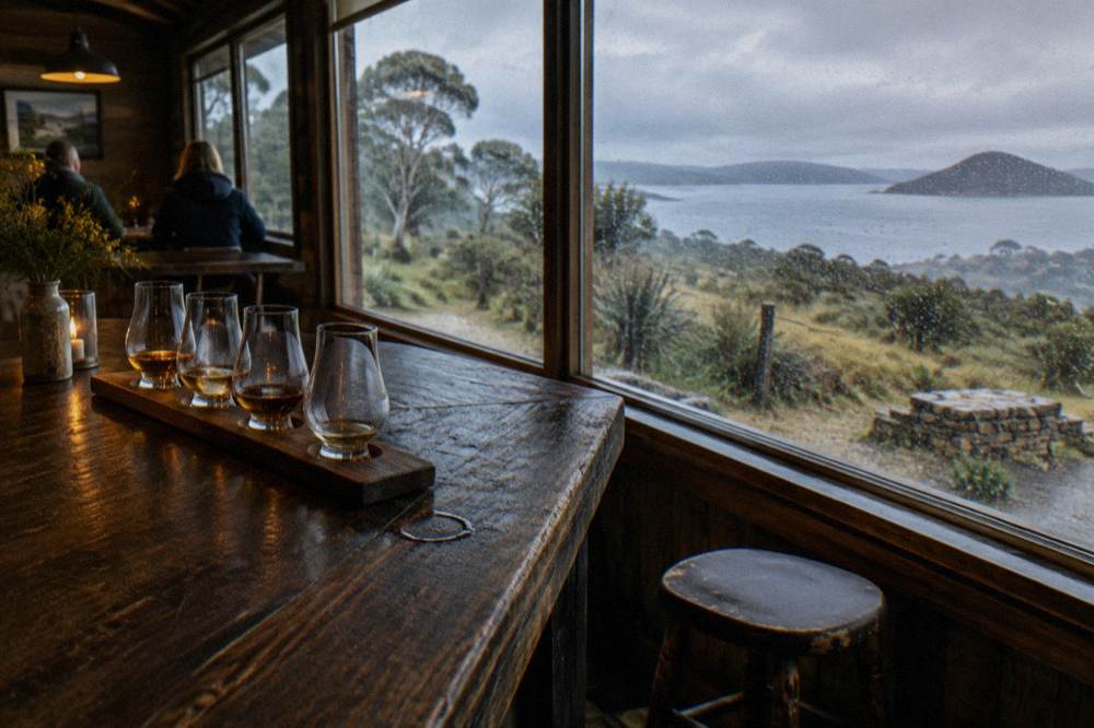 A tasting flight of whisky glasses lined up on a dark timber bar top
