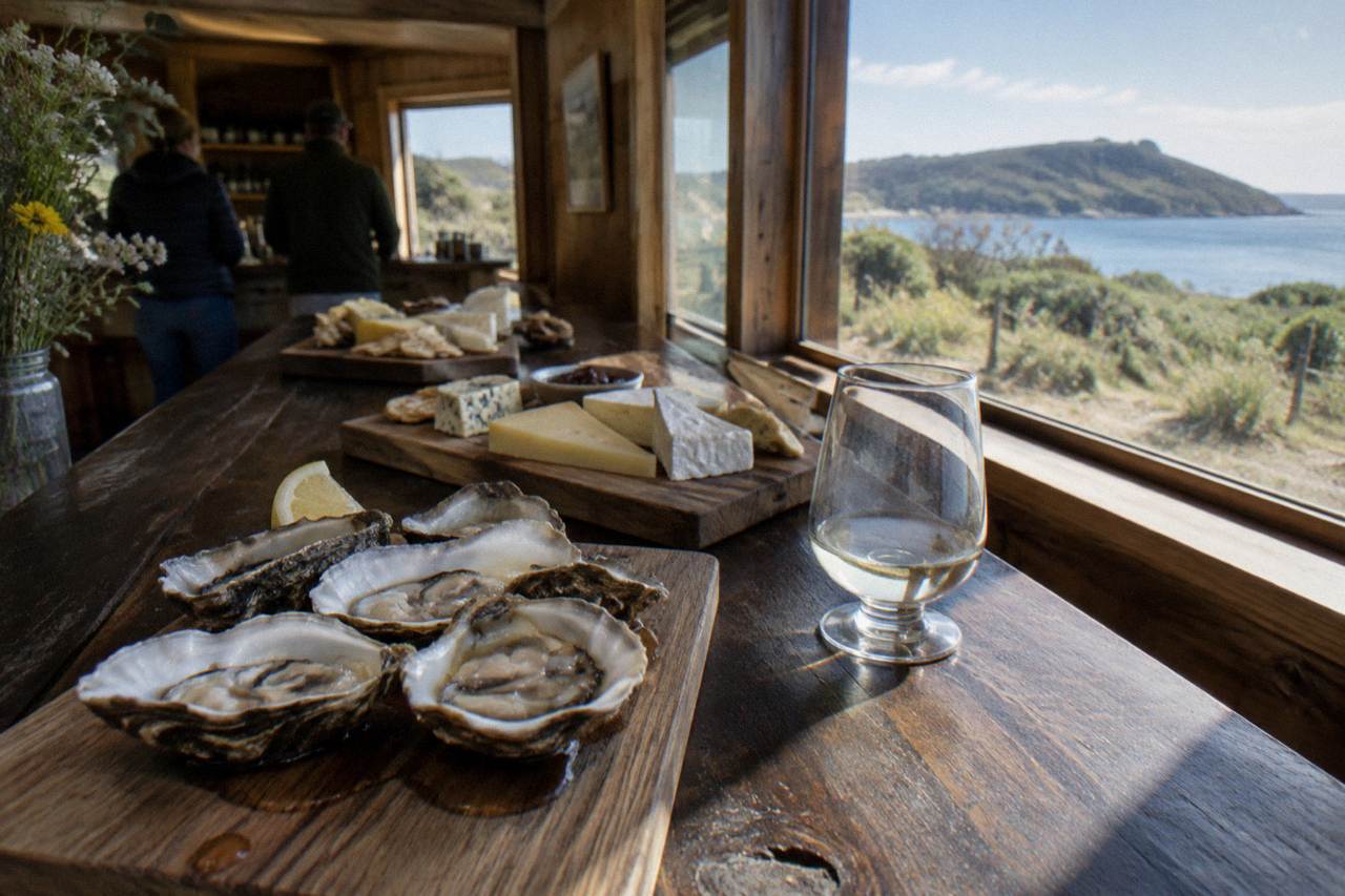 Wooden boards of cheese and freshly shucked oysters on a cellar door tasting counter