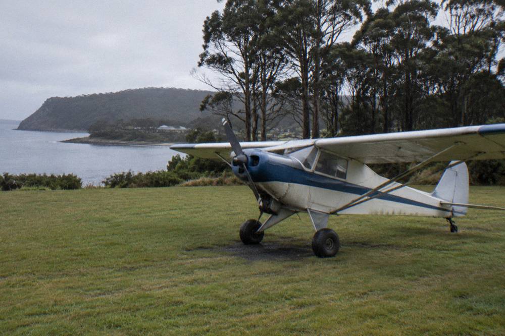 A light aircraft parked on a grass airstrip beside trees near a bay