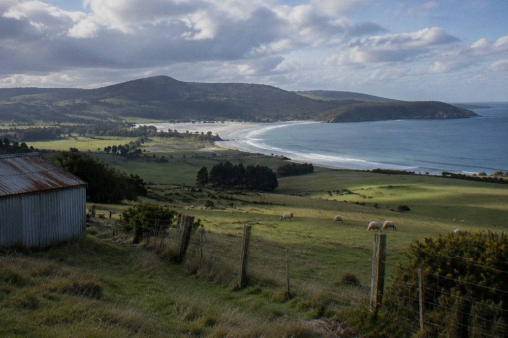 Cloud shadows moving across green farmland and coastline on Bruny Island under a partly cloudy sky