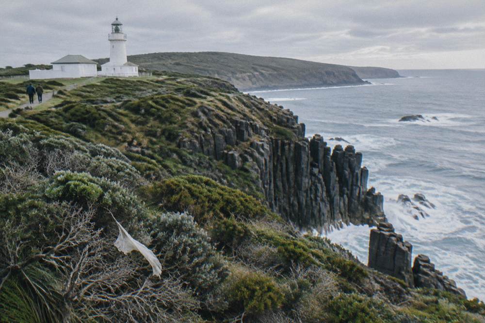 Dolerite sea cliffs along the South Bruny coastline with wind-whipped waves below