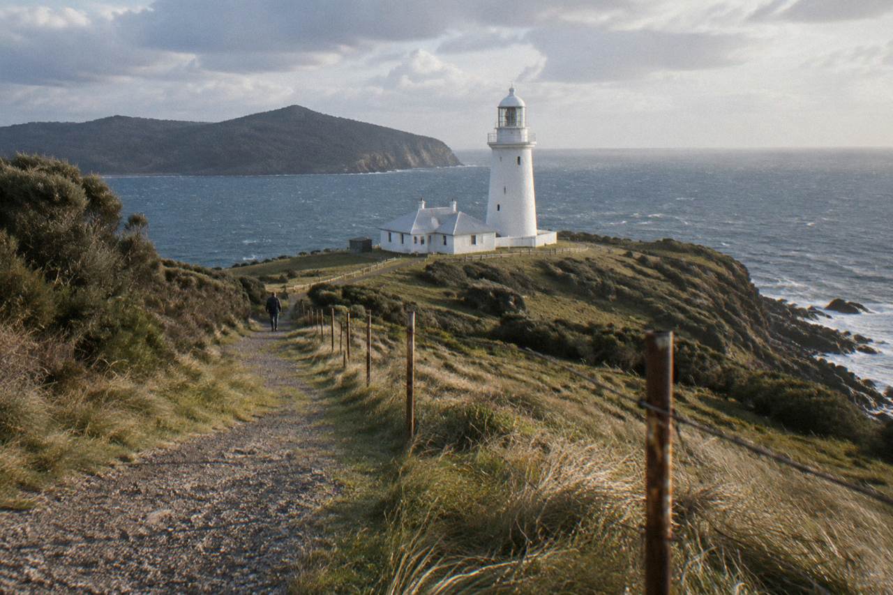 White stone lighthouse on a green headland above the Southern Ocean at Cape Bruny