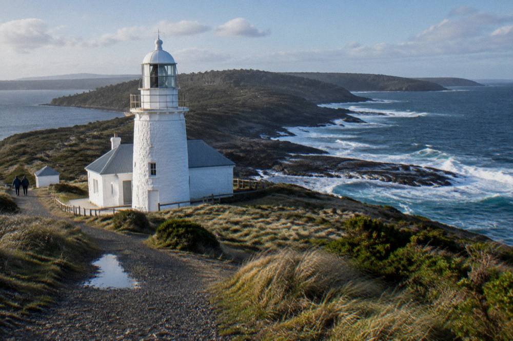 White lighthouse tower on a grassy cliff above a rocky southern coastline