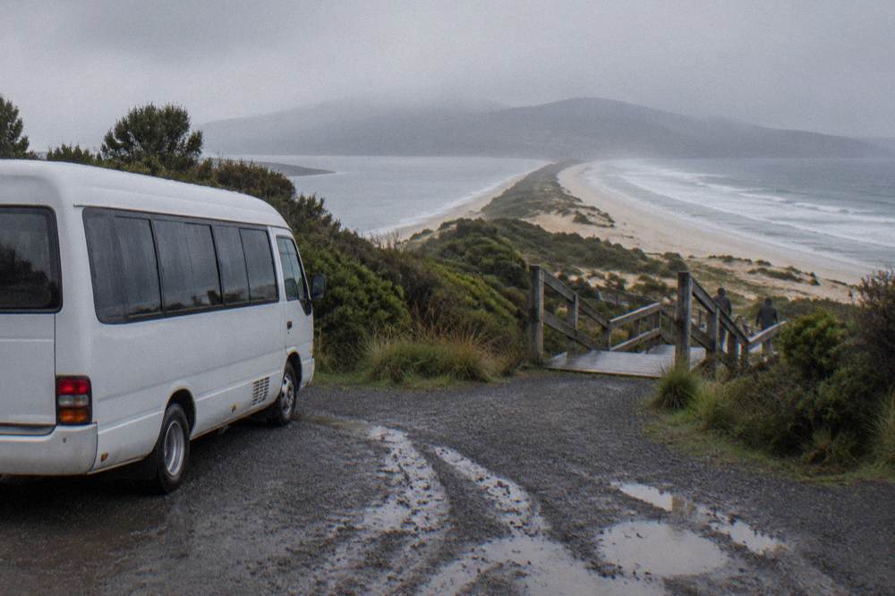 A tour minibus parked beside a lookout above a sandy bay on Bruny Island