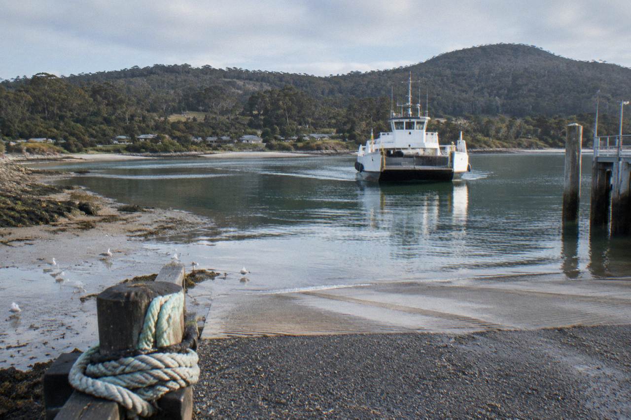 The Bruny Island ferry approaching the Kettering terminal on a calm morning in Tasmania
