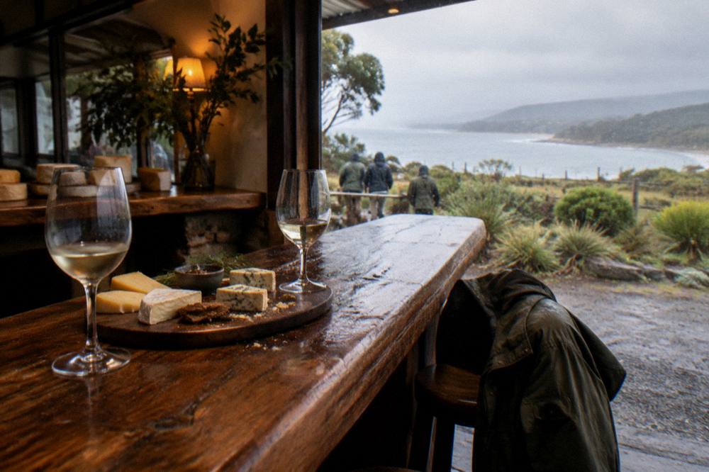 A rustic cellar door counter with cheese boards and wine glasses