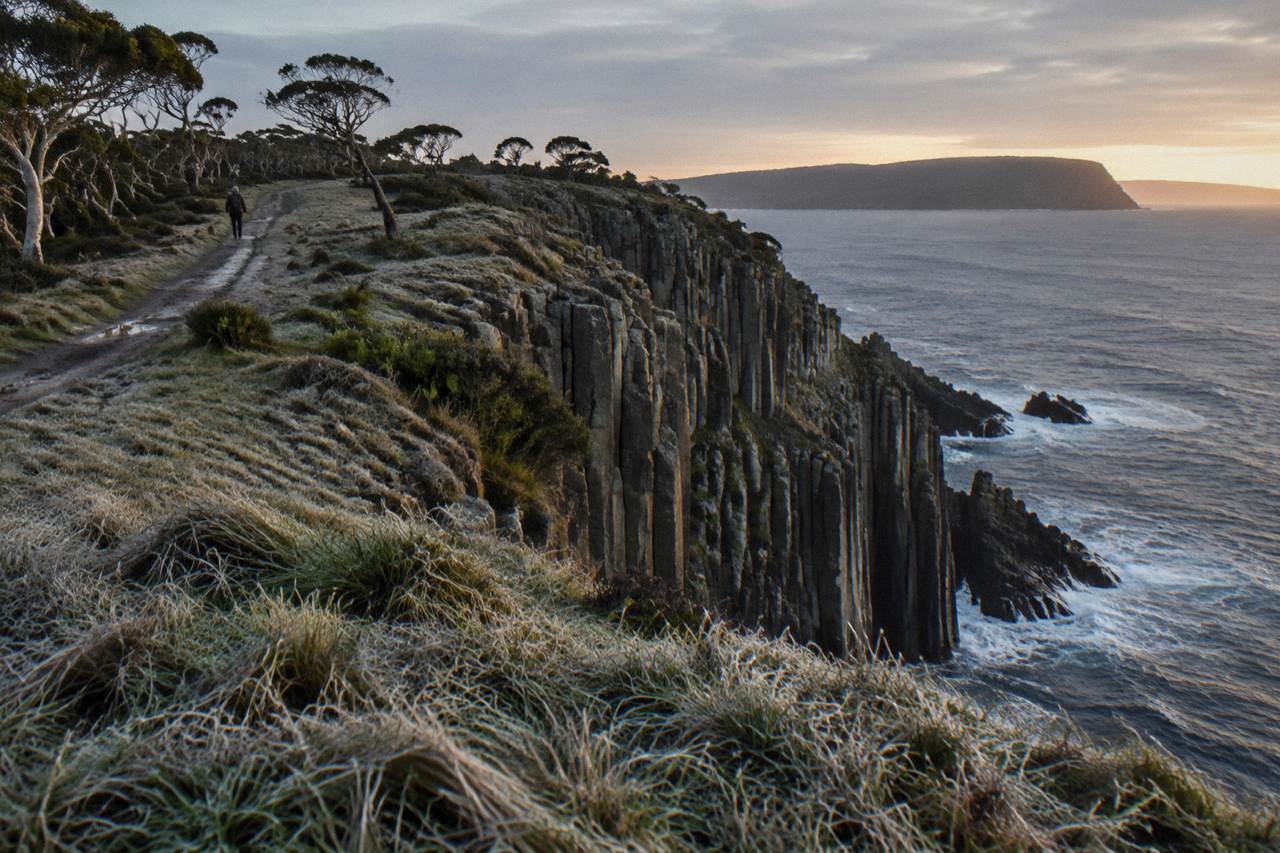 Dolerite sea cliffs rising from dark water along the South Bruny coastline
