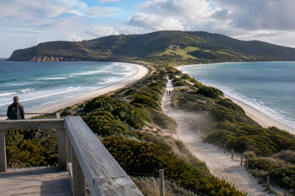 A wide view from a lookout platform across a narrow isthmus with beaches on both sides and hills beyond