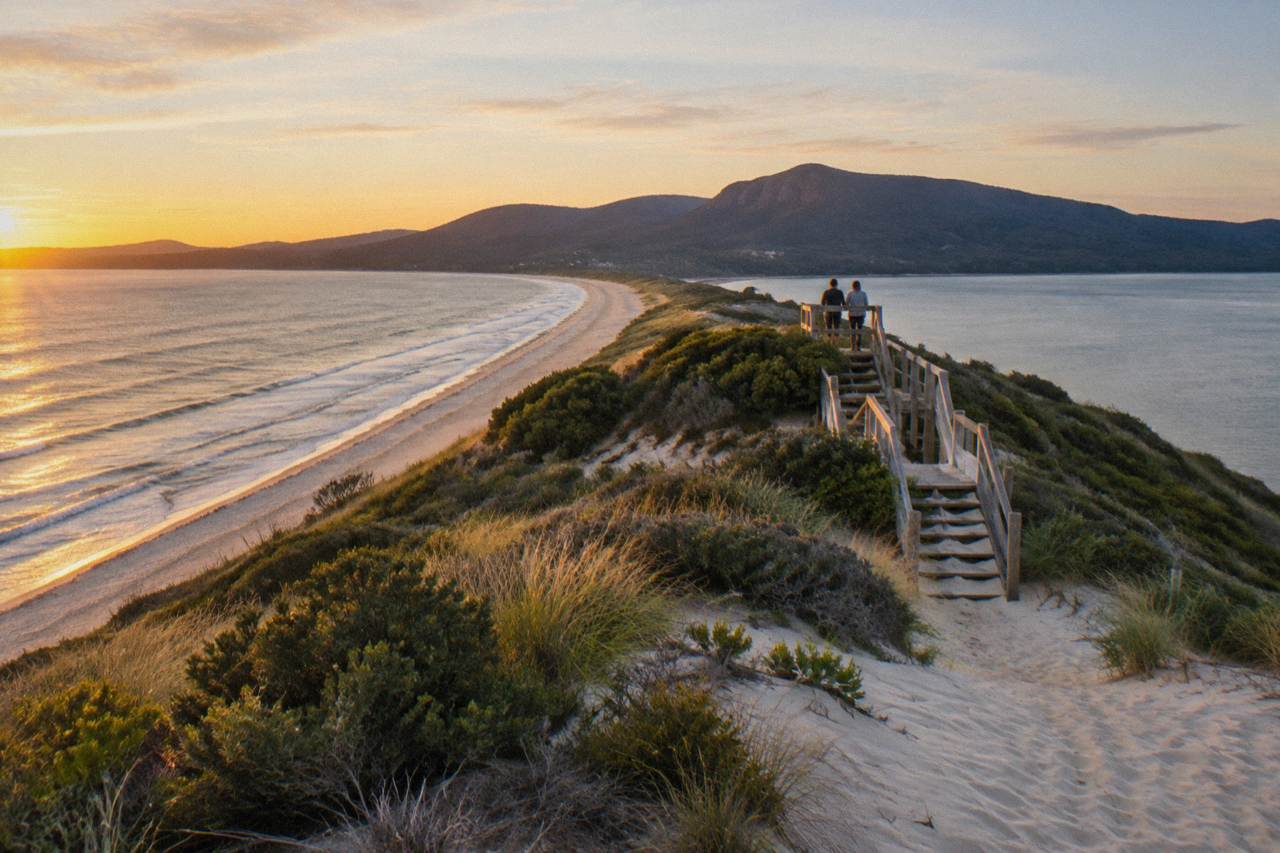 A narrow sandy isthmus connecting two halves of an island, with a wooden viewing platform staircase rising above the dunes