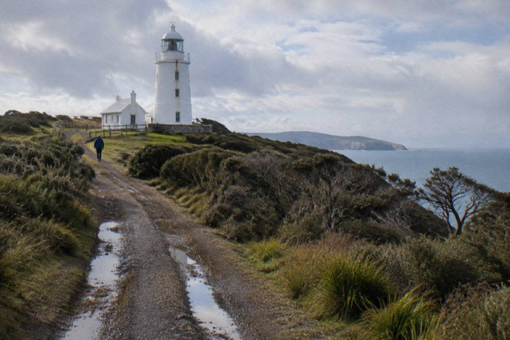 A stone lighthouse tower on a green headland above low coastal scrub and open sea.