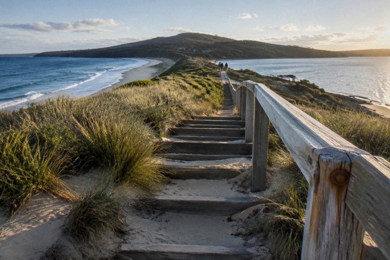 Wooden steps of a viewing platform rising over grassy dunes toward a narrow sandy isthmus joining two halves of an island.